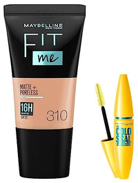 Maybelline New York Fit Me Matte+Poreless Liquid Foundation Medium Coverage For Oily Skin Powder Tube,310 Sun Beige,18Ml And New York Volume Express Colossal Masacara,Waterproof,Black,10G,Pack Of 1
