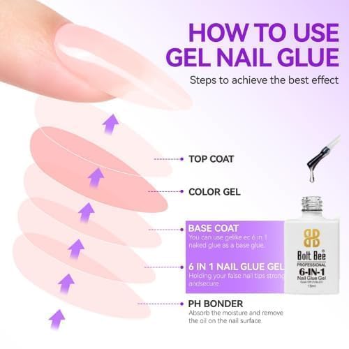 Bolt Bee 6-in-1 Nail Glue – 15ml Multifunctional UV/LED Soak Off for Base Coat, Nail Adhesive, Self-Leveling, Strengthening, Slip Solution & Blooming Effects – Professional Nail Art