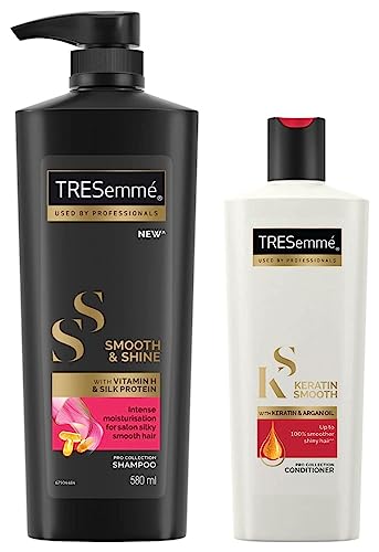 TRESemme Smooth & Shine Shampoo 580 ml, with Biotin & Silk Proteins for Silky Smooth Hair, Moisturises Dry & Frizzy Hair, Mild Shampoo for Women & Men & TRESemme Keratin Smooth Conditioner 335 ml