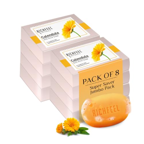 Richfeel Calendula Soap | Anti Acne Brightening Soap | Bath Soap for Men & Women | Soaps for Bath | TFM Grade 1 Soap | For Oily Skin | Fades Dark Spots | Gentle Exfoliation - 75Gm (Pack of 8)