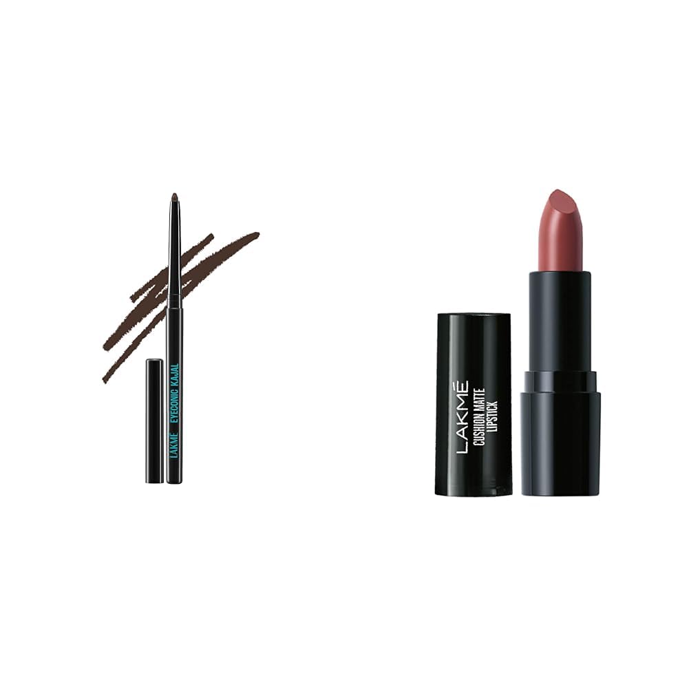 Lakmé Eyeconic Matte Kajal Pencil, Classic Brown, 0.35G,Lakmé Forever Matte Lipstick, Made With French Rose Oil Extracts, Nude Toast, 4.5G