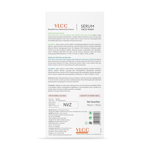 VLCC Salicylic Acid & Tulsi Serum Facewash - 150 ml to Fights Acne Scars for AM | with Free Hyaluronic Acid & Aloe Vera Serum Facewash - 150 ml to Strengthen Skin Barrier for PM (B1G1)