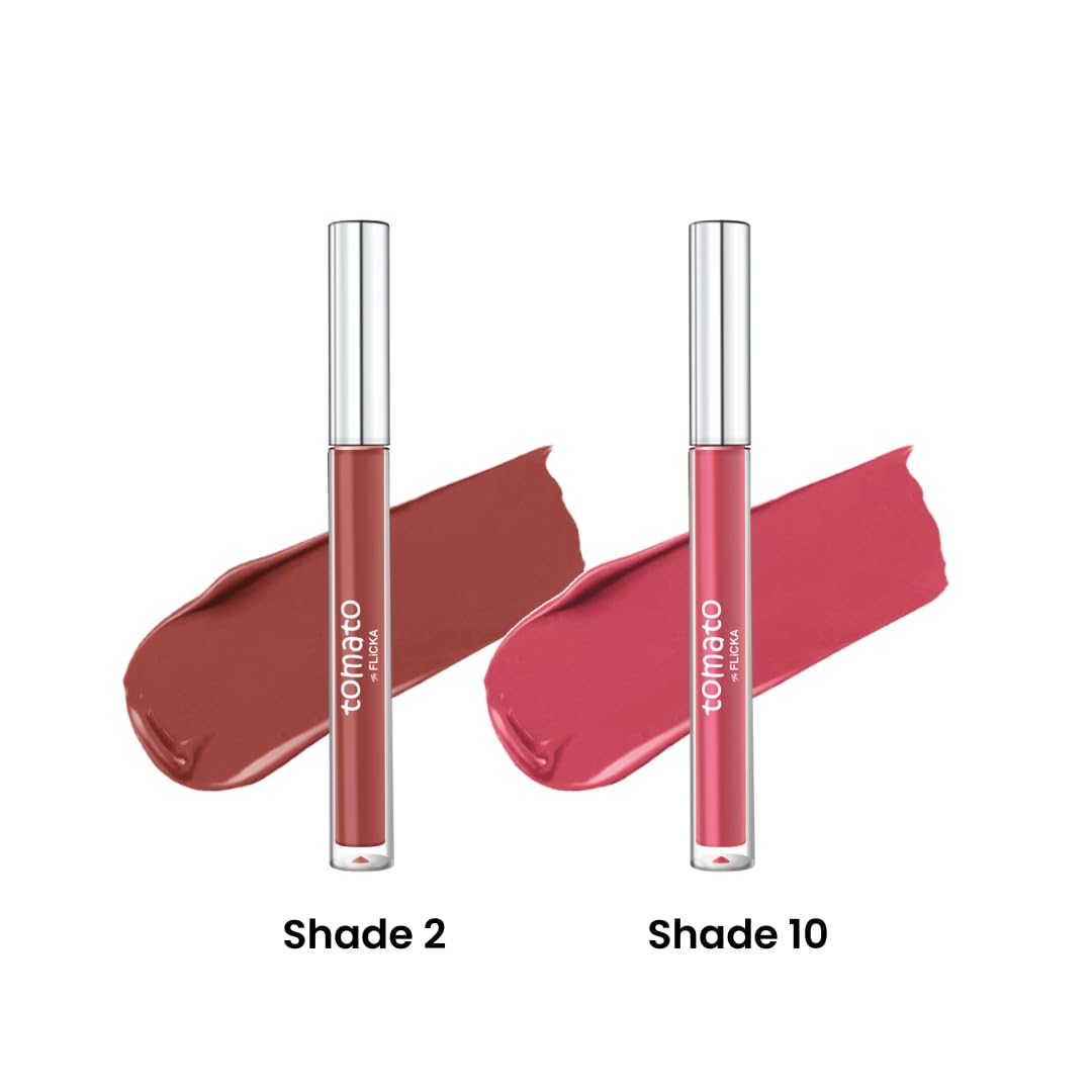 FLiCKA Tomato Liquid Matte Lipstick Transfer Proof, Smudge Proof, Non-Sticky, Creamy Lightweight Shade 2 & Shade 10 Combo