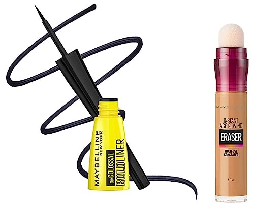 Maybelline New York Full Luminous Natural Finish Liquid Instant Age Rewind Concealer, Caramel, 6ml and Colossal Bold Eyeliner, Black, 3g