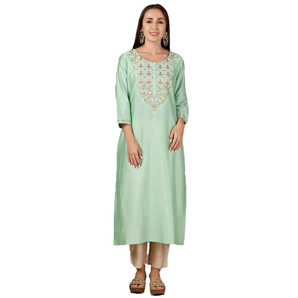 Kashish Women's  Viscose Embroidered Round Neck Straight Fit Kurta