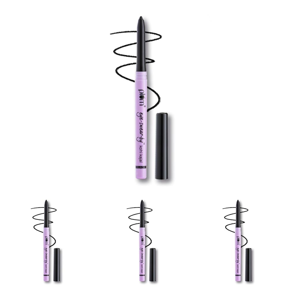 Plum Eye-Swear-By everyday wear kajal black waterproof | Creamy smooth formula | Smudge-proof | Twist up pencil | Creamy smooth glide | Long lasting eye makeup | With Vit E (Pack of 4)