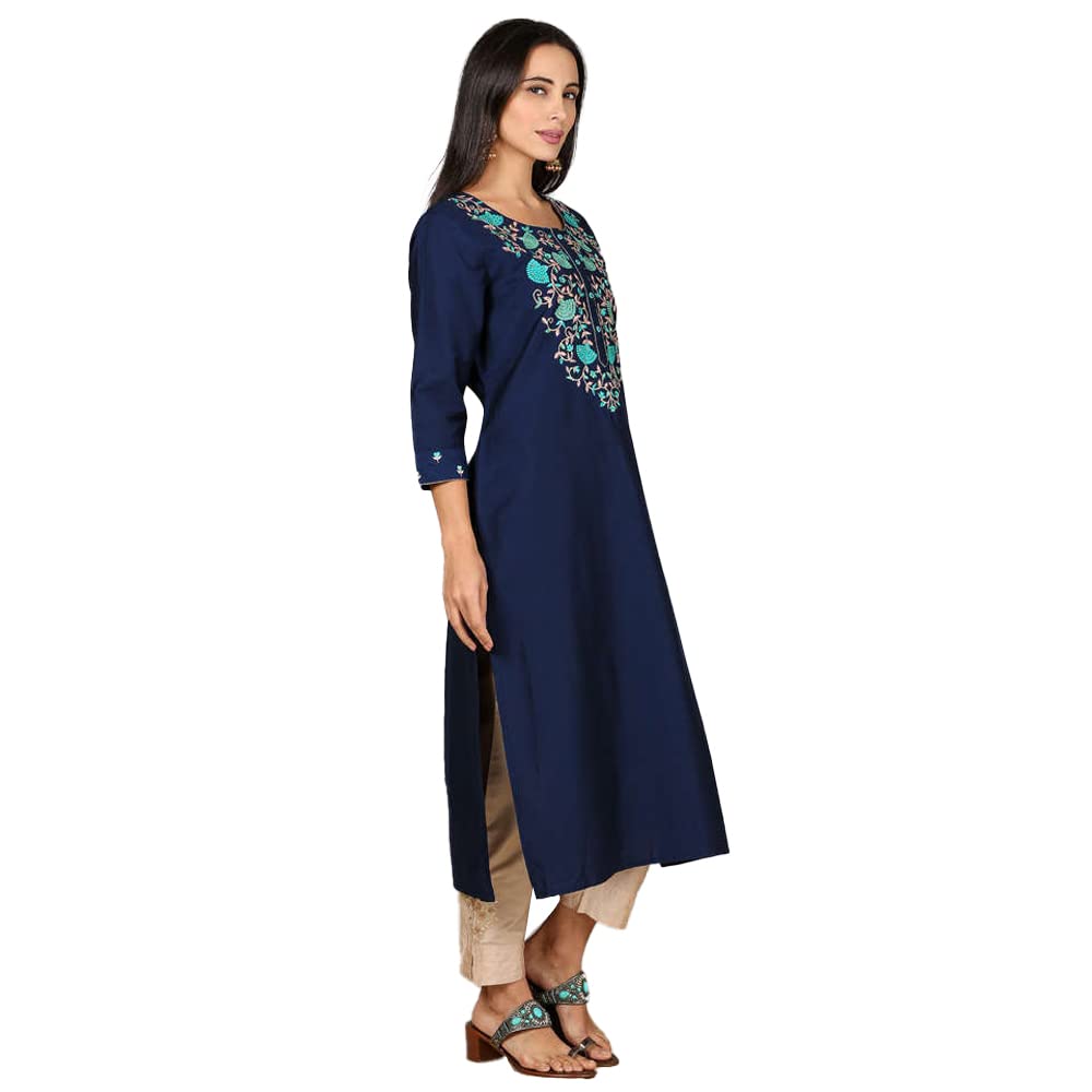 Kashish Women's  Viscose Embroidered Round Neck Straight Fit Kurta
