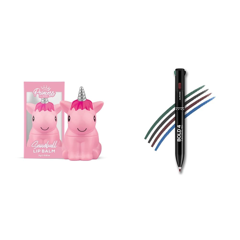 RENEE Princess Snowball Lip Balm 3gm for Pre-teen Girls | Color - Pink and RENEE Bold 4-4-in-1 Kajal - Four Shades Black, Brown, Teal & Blue