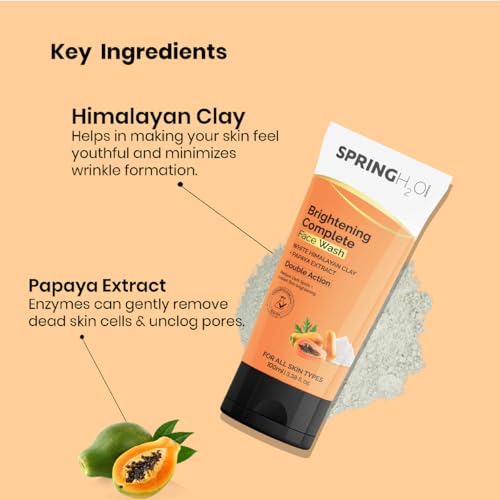 Spring H2O Papaya Face Wash | Hydrating Daily Cleanser for Acne-Prone | All Skin Types | Gentle Exfoliating, Soothing | Brightening Face Wash