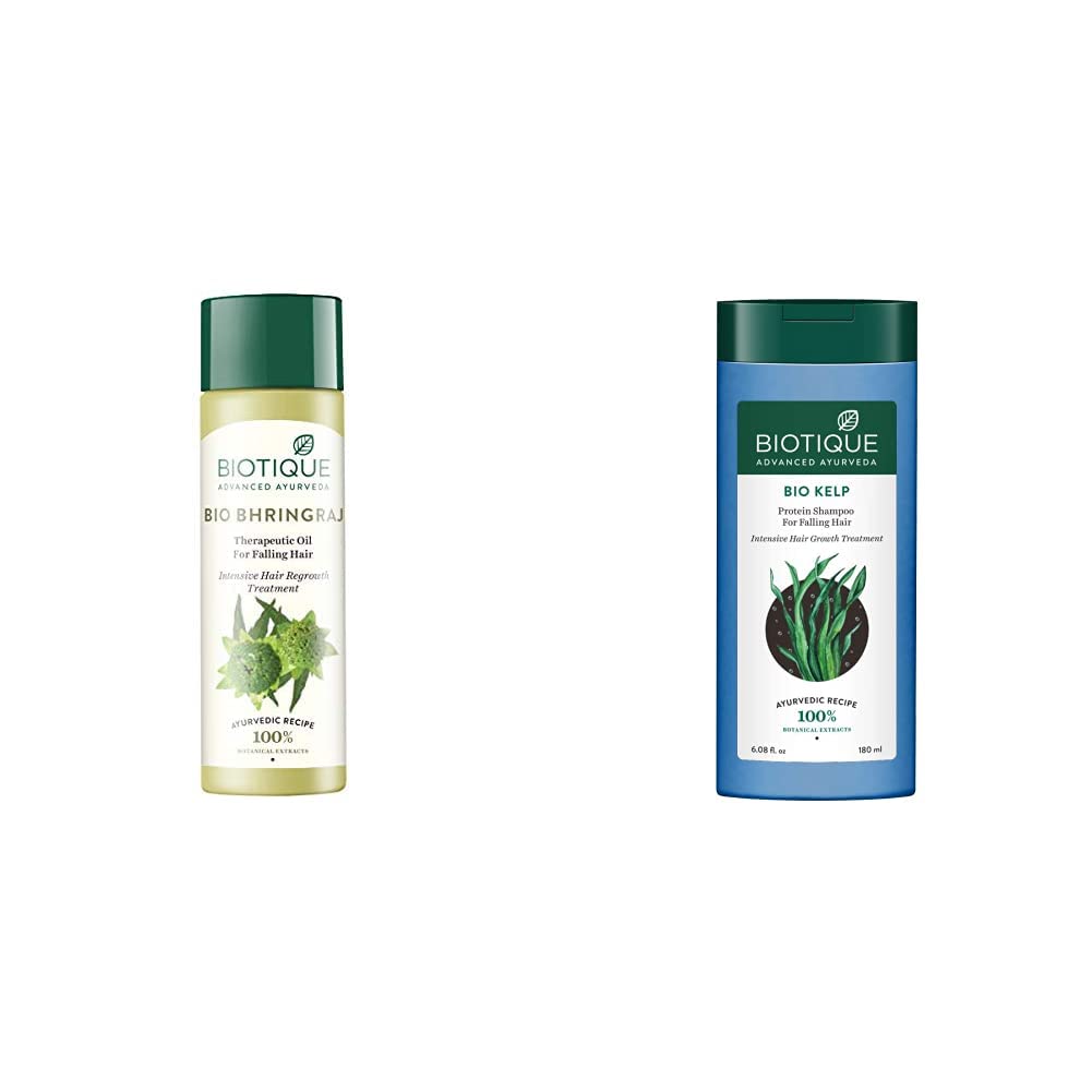 Biotique Bio Bhringraj Fresh Growth Therapeutic Oil, 120ml & Biotique Bio Kelp Protein Shampoo for Falling Hair Intensive Hair Regrowth Treatment, 180ml