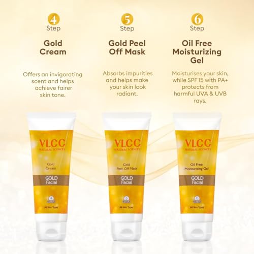 VLCC Gold Facial Kit with FREE Rose Water Toner - 300g + 100ml | 24K Colloidal Gold And Aloe Vera At Home Facial Kit | Bright & Radiant Complexion, Skin Cell Regeneration | Instant Glow Facial.
