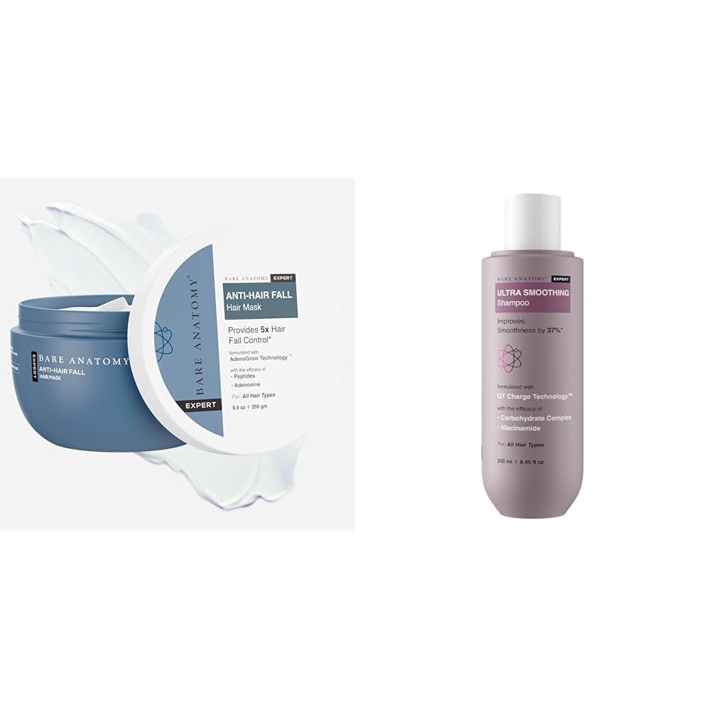 Bare Anatomy Anti-Hair Fall Mask Enriched with Adenosine and Peptides | 250 ml Ultra Smoothing Shampoo for Dry and Frizzy Hair | SLS & Paraben Free | Vegan | For Men & Women | 250ml