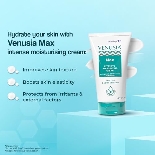 Dr. Reddy's Venusia Max Intensive Moisturizing Cream | Dermatologist Recommended for Dry to Very Dry Skin | Clinically proven for up to 24 hrs. Moisturization | For Face & Body | Cocoa Butter, Mango Butter & Aloe Butter | 150 g