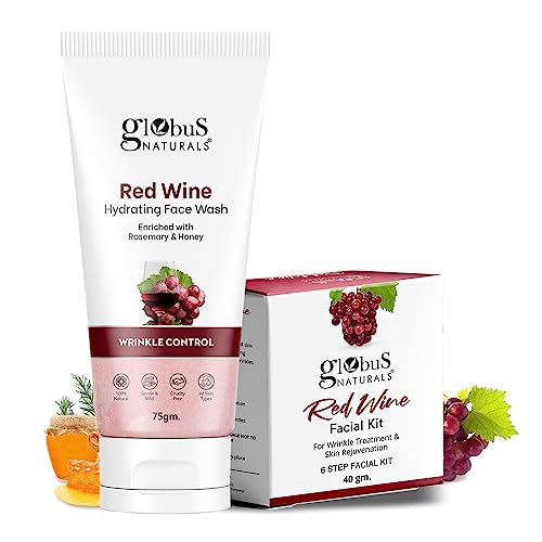 Globus Naturals Red Wine Face Wash & Facial Kit Combo, Anti Ageing Formula, For All Skin Types
