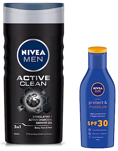 Nivea Men Sun Lotion For Oily Skin, Spf 30, With UVA & UVB Protection, 75 Ml & Body Wash, Active Clean With Active Charcoal, Shower Gel For Body, Face & Hair, 250 Ml, Pack Of 1