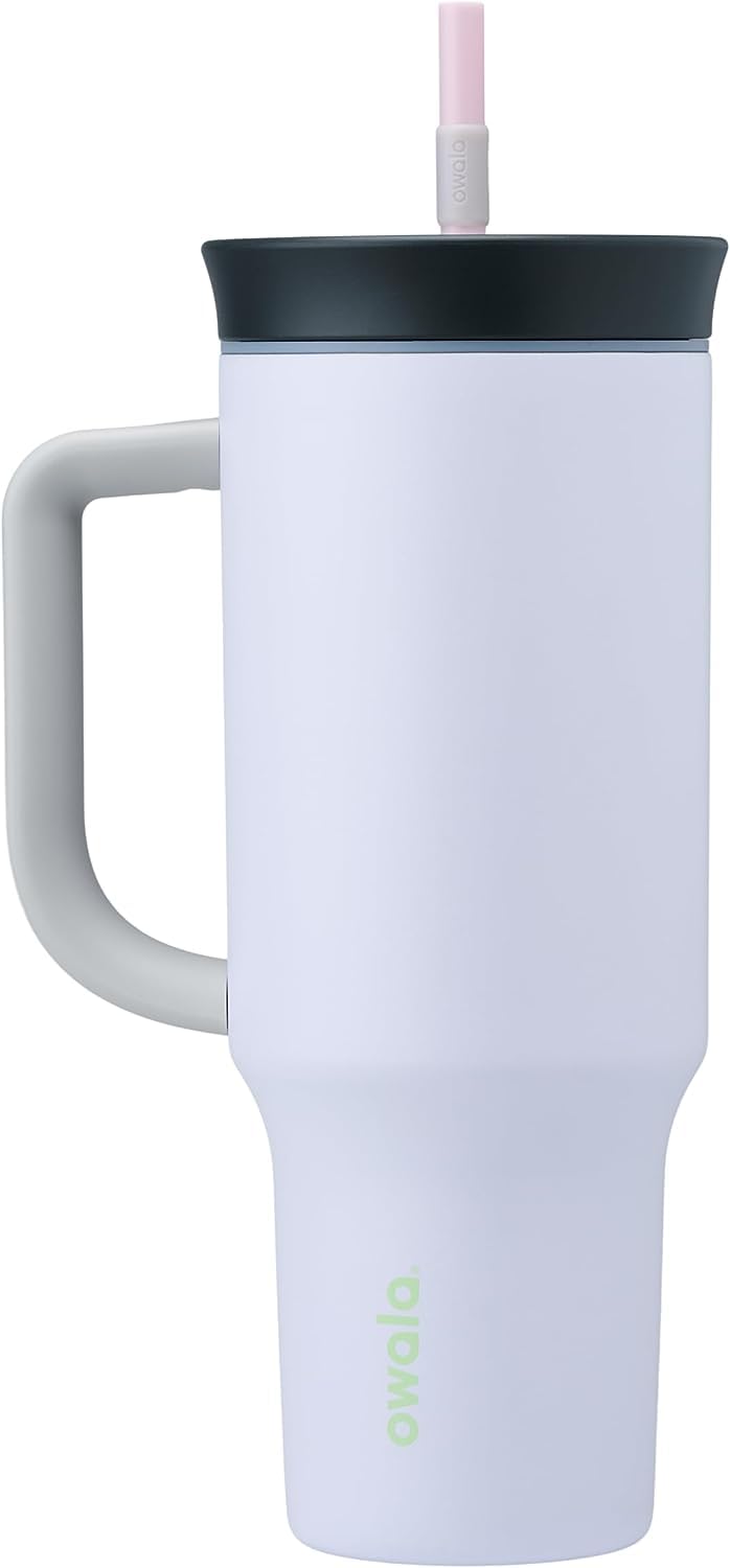 Owala Stainless Steel Triple Layer Insulated Travel Tumbler with Spill Resistant Lid, Straw, and Carry Handle, BPA Free, 40 oz, Purple (Bunny Hop) Bunny Hop