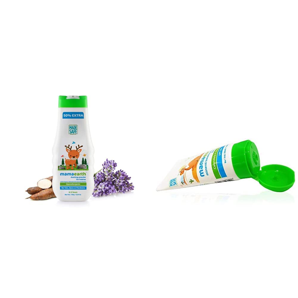 Mamaearth dusting Powder with Organic Oatmeal & Arrowroot Powder 150g & Mamaearth Mineral Based Sunscreen for Babies, White, 50ml