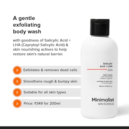 Minimalist 2% Salicylic Acid + LHA Body Wash | For Body Acne, Un-even, Rough & Bumpy Skin | Sulphate (SLS), Dye, & Fragrance Free | Shower Gel For Women & Men | 200 ml