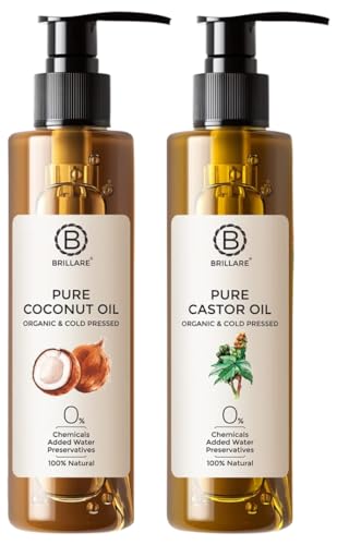 Brillare Pure Coconut Oil, 100 Percent Natural, Organic and Cold Pressed, Hair Oil 200 ML, Zero Chemicals & Brillare Pure Cold Pressed Castor Oil, 100 Percent Natural & Organic, 200 ML