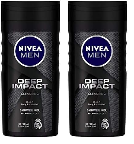 NIVEA Men Body Wash, Deep Impact Deodorant, 3 In 1 Shower Gel For Body, Face & Hair, With Microfine Clay, 250ml (Pack of 2)