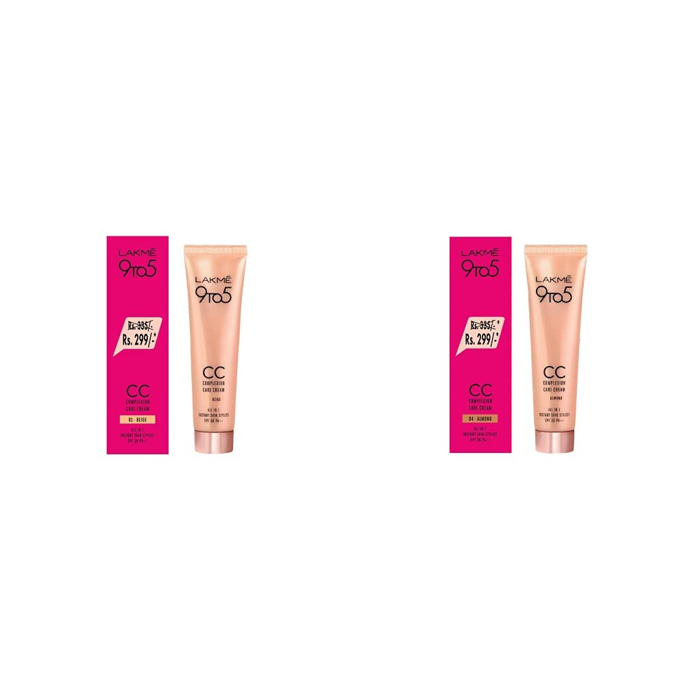 Lakmé Light Coverage Natural Finish 9 to 5 Complexion Care Face Cream For Acne Prone, Beige, 30g & 9 to 5 Complexion Care CC Cream, Almond, 30g