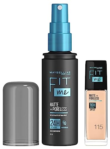 Maybelline New York Fit Me Matte+Poreless Liquid Foundation Medium Coverage For Oily Skin oil, 115 Ivory, 30Ml With Spf Fit Me Matte + Poreless Setting Spray, 60 Ml, Pack Of 1
