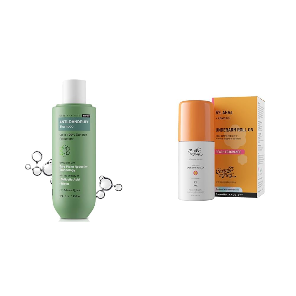 Bare Anatomy Anti Dandruff Shampoo AllHair types 250ml and Chemist at Play UnderArm Roll-On with 5% AHA, Lactic Acid & 1% Mandelic Acid - 40ml