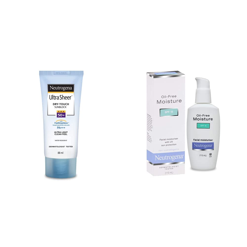 Neutrogena Ultra Sheer Dry Touch Sunblock SPF 50+ Sunscreen For Women And Men, 88ml and Neutrogena Oil-Free Facial Moisturiser SPF 15, 115ml