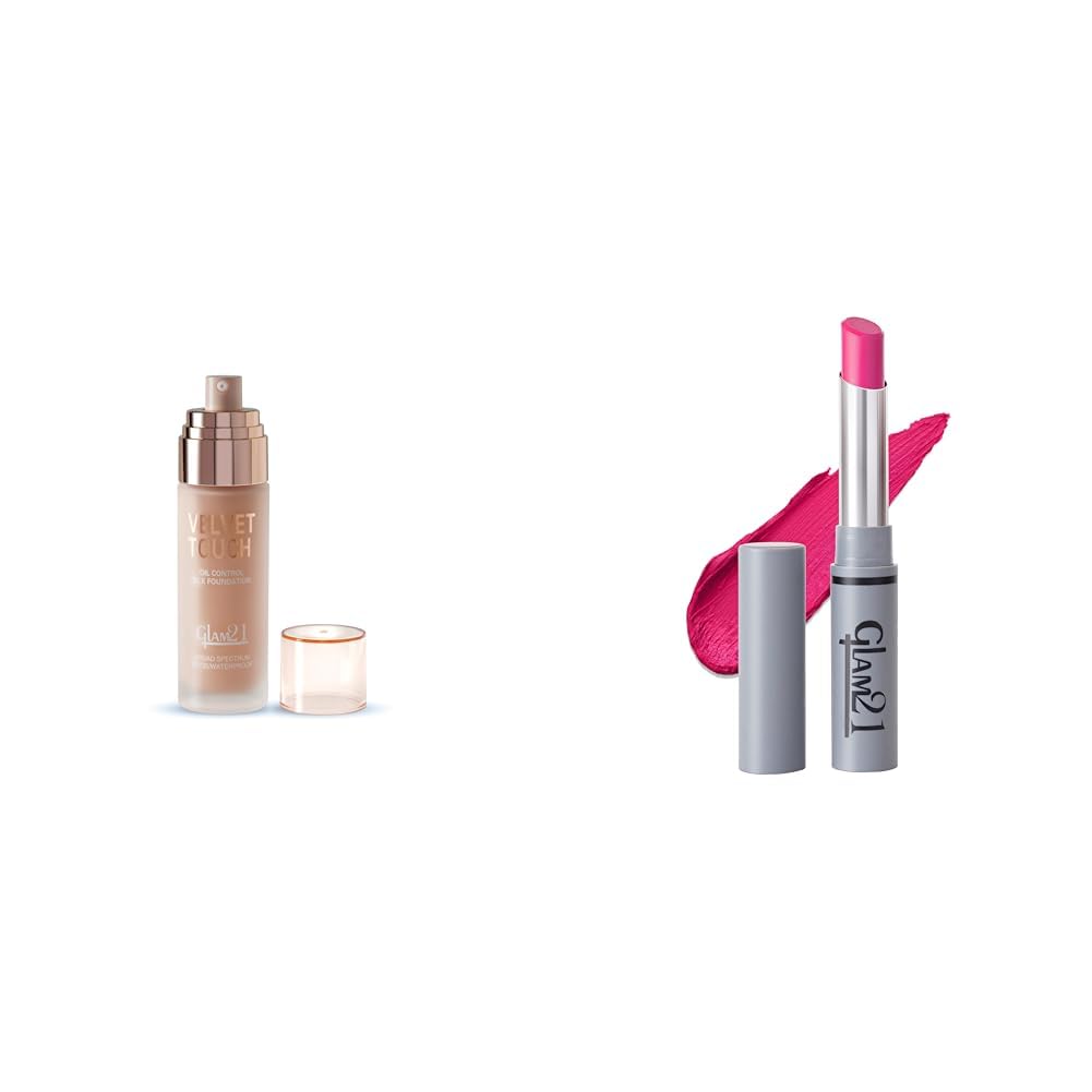 Glam 21 Glam21 Velvet Touch Oil Control Silk Foundation|Waterproof, High Coverage|SPF 35 Long Lasting|Almond-50gm & Long Lasting Non-Transfer Lipstick|Creamy Matte Formula - 2.8gm|Wild Magenta-17