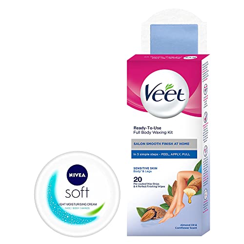 NIVEA Soft, Light Moisturizing Cream, 200ml + Veet Full Body Waxing Kit - Sensitive Skin (20 strips)