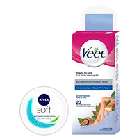 NIVEA Soft, Light Moisturizing Cream, 200ml + Veet Full Body Waxing Kit - Sensitive Skin (20 strips)