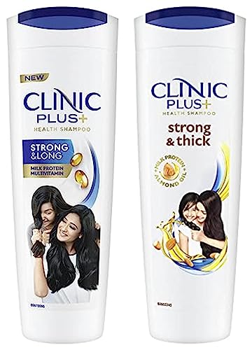 Clinic Plus Strong & Long Shampoo 355Ml & Clinic Plus Strong & Extra Thick Shampoo With Milk Protein And Almond Oil For Hair Strengthening & Volume, 355ml