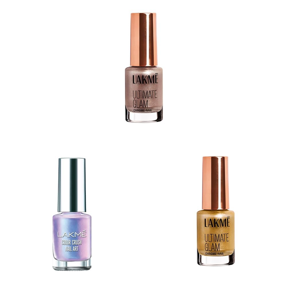 Lakmé Ultimate Glam Chrome Nail Champagne 6ml,Lakmé Color Crush Nailart, U4 6Ml Glossy Finish,Lakmé Chrome Metallic Finish Nail Paint, Gold 6Ml