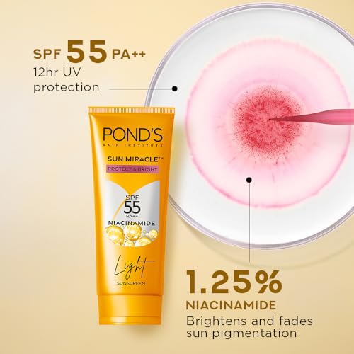 POND’S Sun Miracle SPF 55 PA+++ Light Sunscreen - Protect & Bright, With 3% Niacinamide, Fade Dark Spots in 4 Weeks, Lightweight, No White Cast 50g