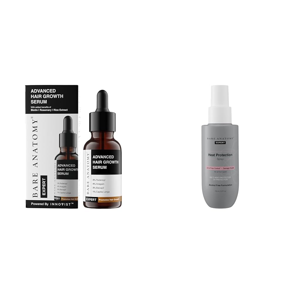 Bare Anatomy Advanced Hair Growth Serum | 3% Redensyl + 4% Anagain + 3% Baicapil + 1% Capilia Longa,for Women & Men | 30mL Heat Protection Spray Serum For Women & Men|230 掳C Heat Protection 150 ml