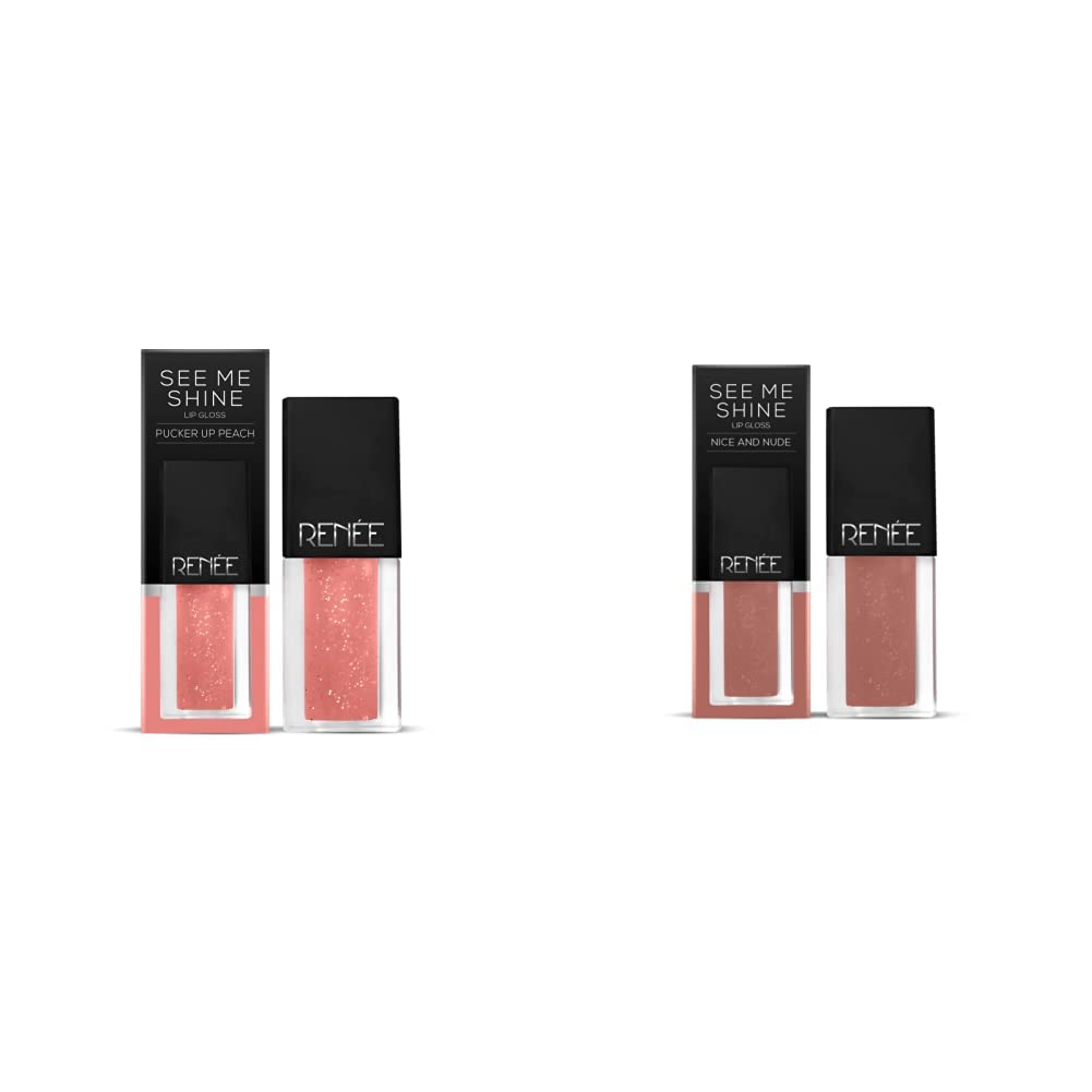 RENEE See Me Shine Lip Glossy For All Skin Tone, Enriched With Jojoba Oil, Non Sticky, Hydrating, Easy Glide Formula, Pucker Up Peach 2.5Ml & See Me Shine Lip Glossy - Nice And Nude, 2.5Ml