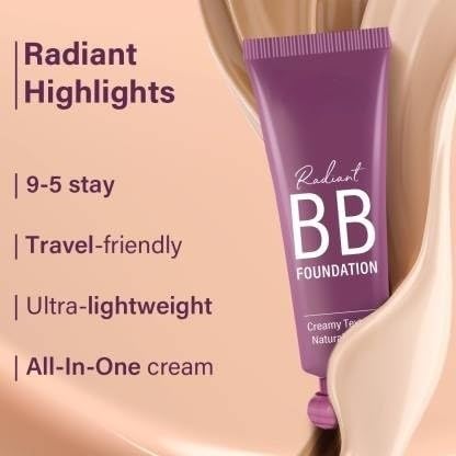 Juprev Radiant BB Foundation, Creamy Texture, Natural Finish, Non-greasy & Lightweight, Creamy Texture | Lightweight Formula, Waterproof and Long Wear Liquid Foundation for Face Makeup (60 gm)