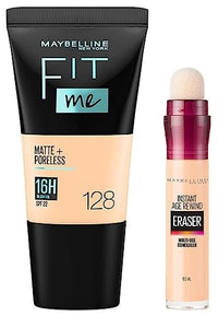 Maybelline New York Instant Age Rewind Medium Concealer, Ivory, 6G And New York Fit Me Matte+Poreless Liquid Foundation Tube,Oily Skin, 128 Warm Nude, 18Ml, 2 count