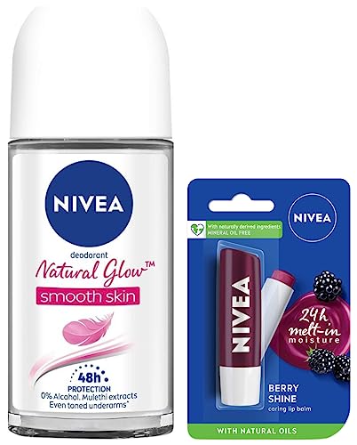 Nivea Deodorant Roll-On For Women, Whitening Smooth Skin, 50ml & Lip Balm, Fruity Blackberry Shine For Women, 4.8g