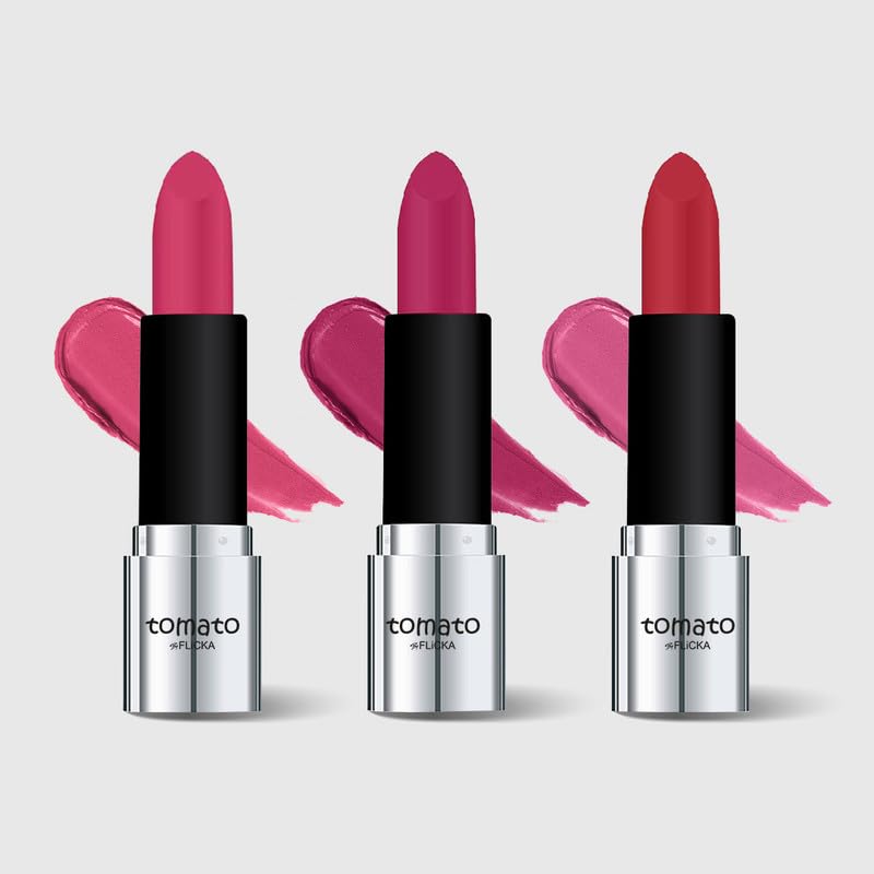 FLiCKA Tomato Bullet Matte Lipstick (Pack Of 3) | Hydrating, Moisturizing, Upto 6Hrs Long Lasting| Transfer & Smudge Proof Lipsticks For Women, Shade - 06