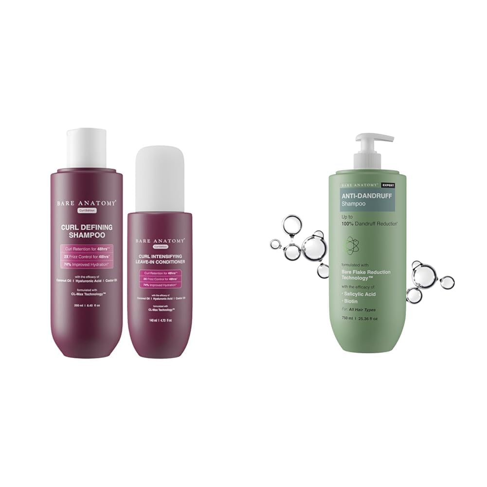 Bare Anatomy Curl Defining Shampoo + Curl Intensifying Leave In Conditioner Cream |Women & Men | 250 ml + 140ml Expert Anti-Dandruff Shampoo - 750ML