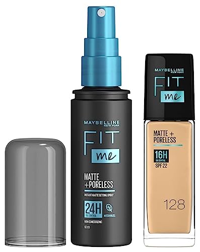 Maybelline New York Fit Me Matte+Poreless Liquid Foundation Medium Coverage For Oily Skin oil, 128 Warm Nude, 30Ml With Spf Fit Me Matte + Poreless Setting Spray, 60 Ml, Pack Of 1