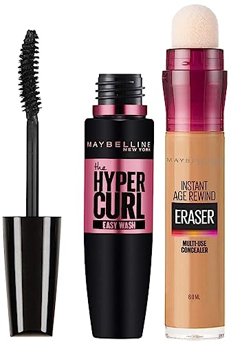 Maybelline New York Hypercurl Mascara Washable, Black, 9.2ml & Maybelline New York Instant Age Rewind Concealer, Caramel, 6ml