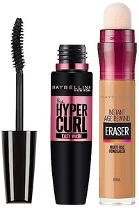 Maybelline New York Hypercurl Mascara Washable, Black, 9.2ml & Maybelline New York Instant Age Rewind Concealer, Caramel, 6ml