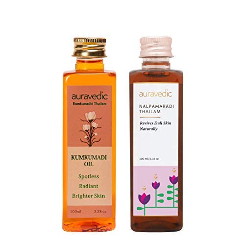 Auravedic Kumkumadi tailam for face Kumkumadi face oil for glowing skin & Nalpamaradi thailam 100 ml pack of 2 kumkumadi oil for face serum pigmentation serum face body oil after bath for daily use