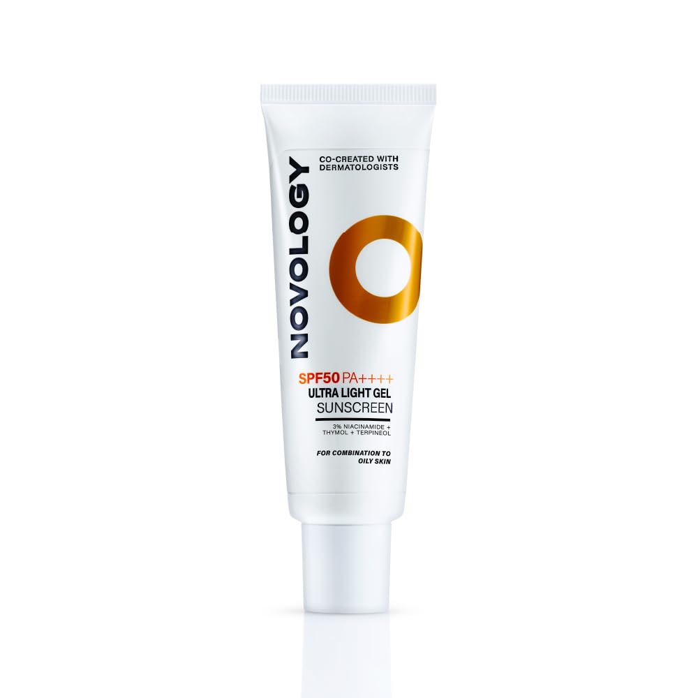 Novology SPF 50 PA++++ Ultralight Gel Sunscreen with Niacinamide| Fights Acne and Sebum| Non-Greasy, Quick Absorbing, Invisible Finish | Designed for Oily Skin| 50 g