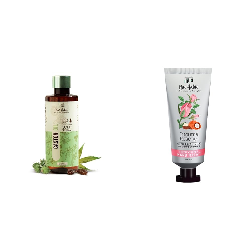 Nat Habit Cold Pressed Oil Combo Castor Oil 200 ml and Tucuma Rose Hand Malai - Hand Cream 30 ml For Hair Fall, Hair Growth & Hand Moisturization