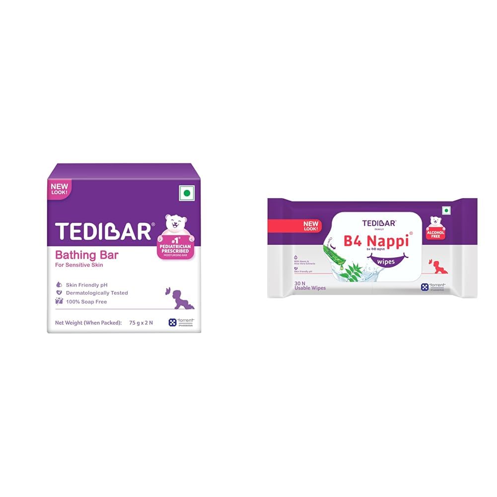 TEDIBAR Combo Pack of Moisturising Baby Bathing Bar 75gx2(Pack of 1) + B4 Nappi Baby Wipes - 30 | Alcohol and Preservative-Free Baby Wipes | Dermatologically Tested - By Torrent Pharma