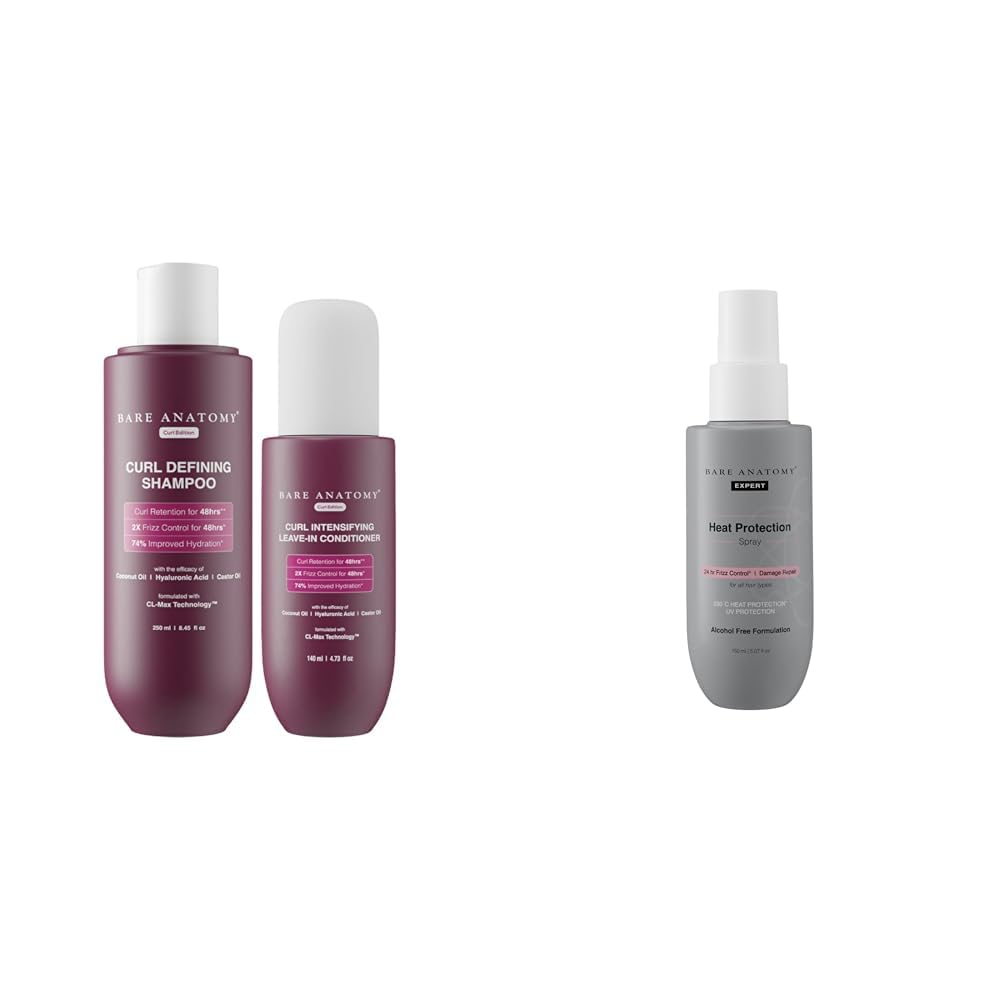 Bare Anatomy Curl Defining Shampoo + Curl Intensifying Leave In Conditioner Cream |Women & Men | 250 ml + 140ml Heat Protection Spray Serum For Women & Men | Vegan |230 掳C Heat Protection 150 ml