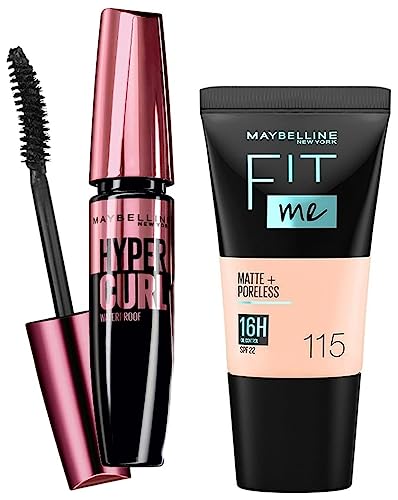 Maybelline New York Hypercurl Mascara Waterproof, Black, 9.2ml and Maybelline New York Fit Me Matte+Poreless Liquid Foundation Tube, 115 Ivory, 18ml
